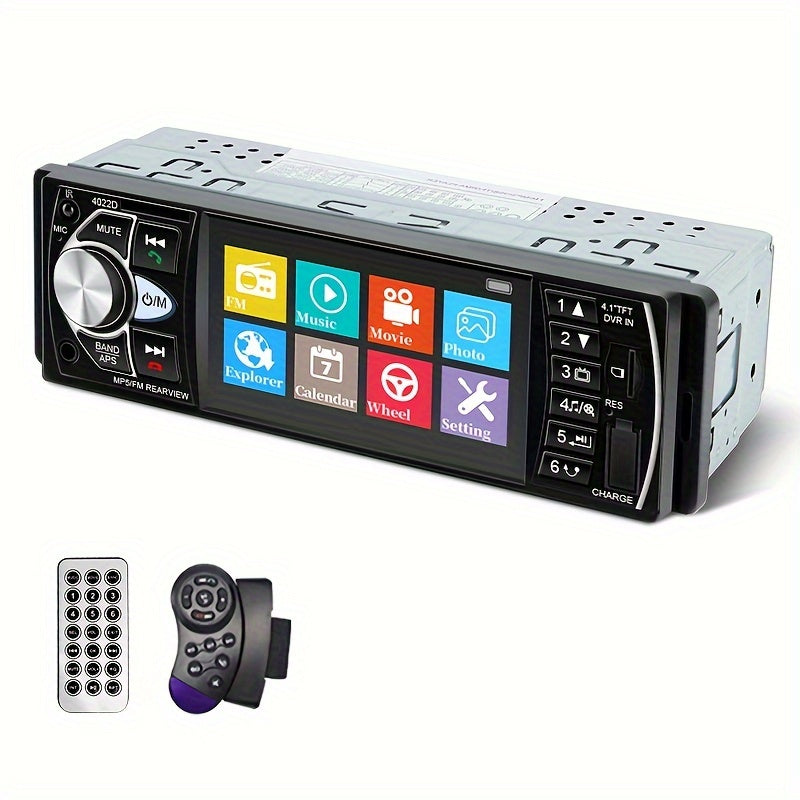 Portable car multimedia video player with car radio supporting 14 languages, USB/AUX/FM, remote control, and no battery.