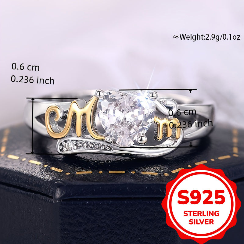 Heart-shaped zirconia ring in sterling silver with MOM lettering, featuring a 4-prong setting in a vintage sexy style. Perfect for all seasons, this ring makes a great Mother's Day gift. It also includes a synthetic gemstone representing April's