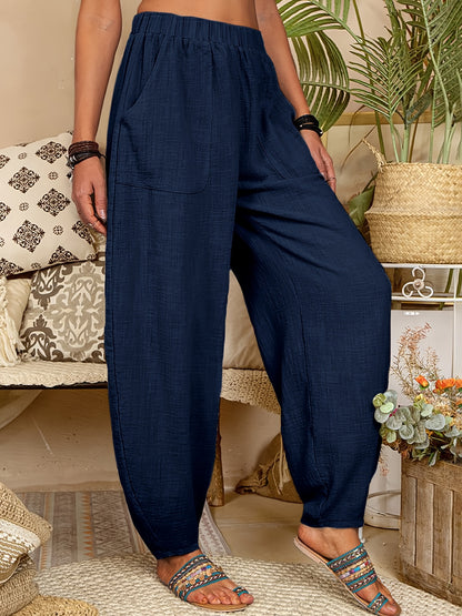 Polyester harem pants with elastic waist, pockets, and machine washable. Suitable for all seasons and plus size.