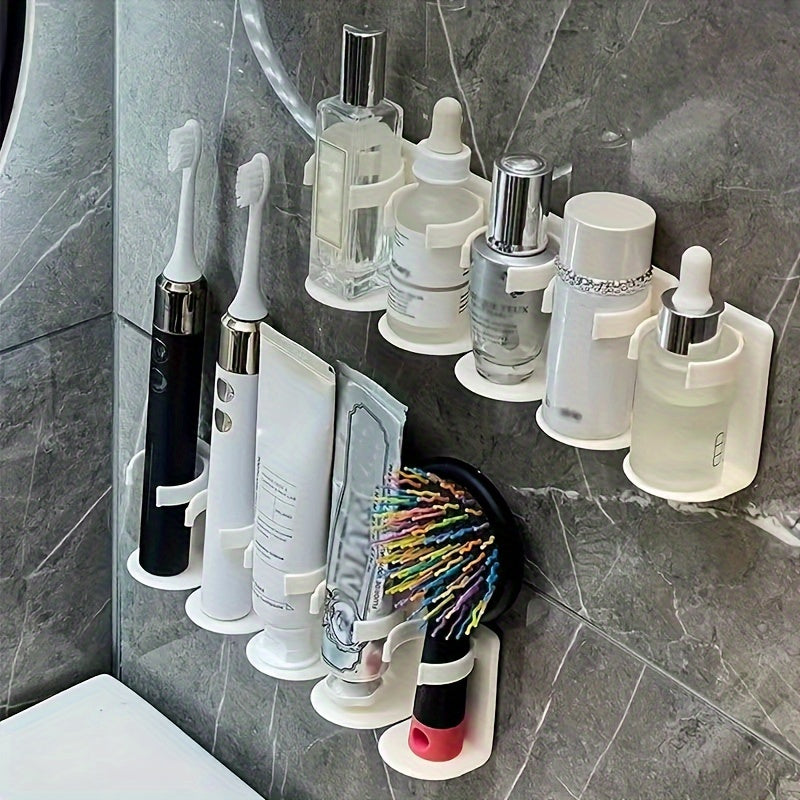 Simple to install bathroom storage rack for cosmetics and essentials, no drilling required.