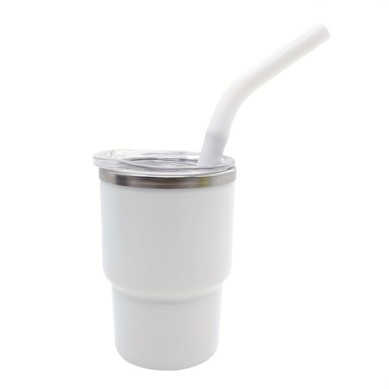 A 3oz car cup pack containing an outer plastic and inner steel construction, with a stainless steel stretch liner and a silicone sleeve straw.