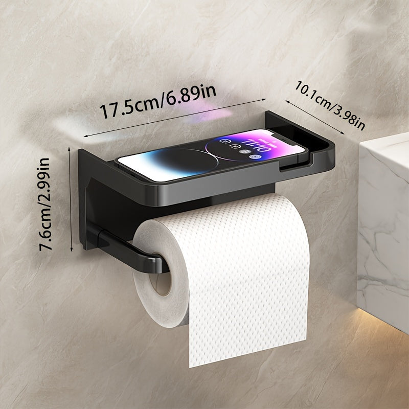 Wall-mounted toilet paper holder with phone stand, no drilling required. Organizes bathroom essentials with polished finish.