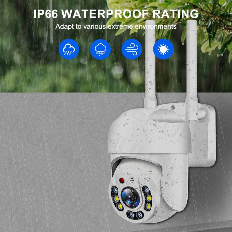 Outdoor WiFi security camera with 2MP HD resolution, IP66 waterproof rating, PTZ function, and audio capabilities. Features AI motion detection, two-way intercom, 1080p night vision, and USB power. Compatible with smartphones and operates on a wireless