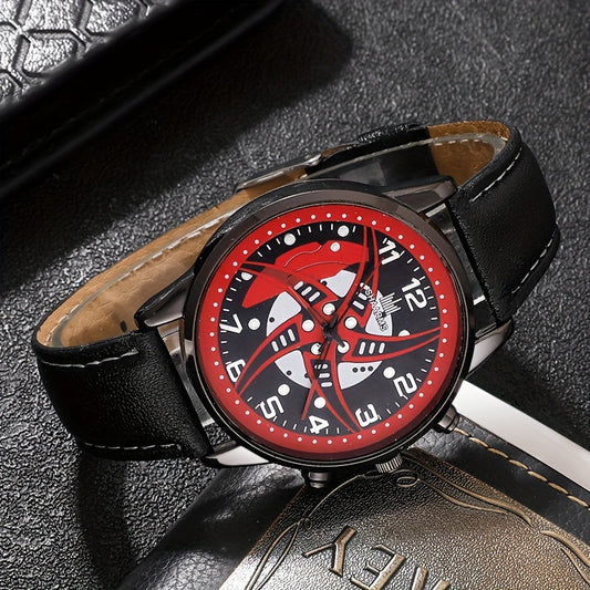 Set of 5, Men's Red Black Fashion Quartz PU Leather Watch and Bead Bracelet Set, Perfect Gift for Him.