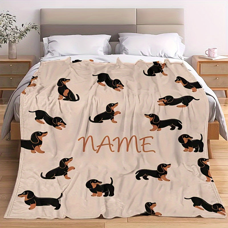 Personalized Dachshund Pattern Flannel Blanket - Custom Name, Perfect for Holidays, Birthdays, and More! Great for Outdoor Activities, Living Room Decor, and Office Pet Blanket. Ideal Gift for Best Friends!