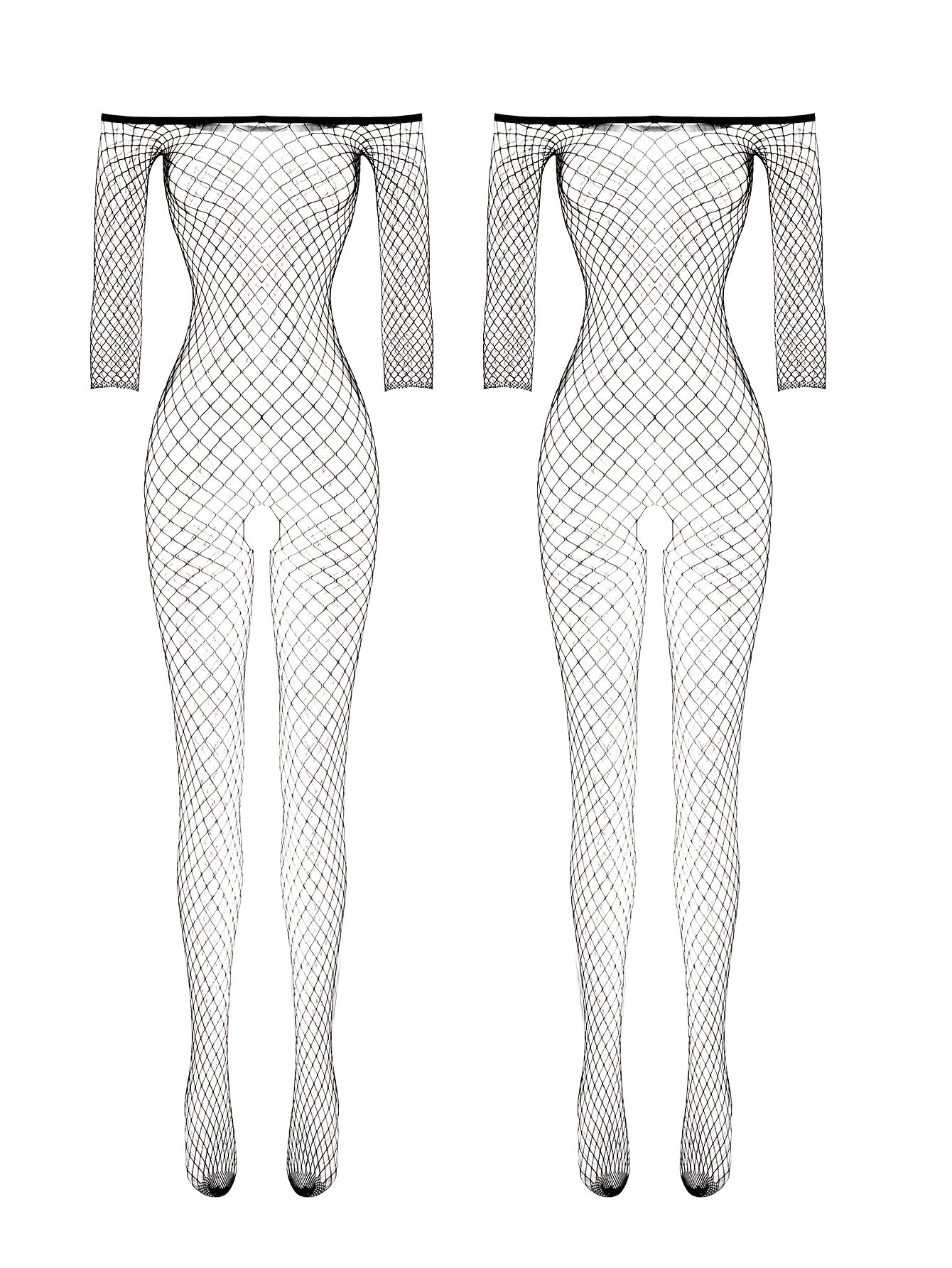 One-shoulder sexy bodystocking in fishing net material.