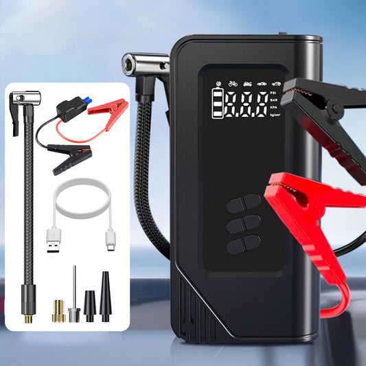 Portable car jump starter with air compressor, tire inflator, jump box battery booster, smart clamp, charger, emergency lights, digital display, USB Type-C connection, and portable power