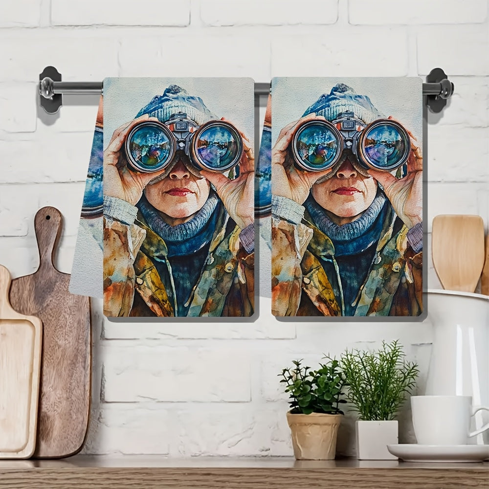 Set of 2 Ultra Soft Kitchen Towels featuring a Binoculars Scene - These Highly Absorbent Dish Hand Towels are Machine Washable and perfect for Coastal Decor. Size: 40.64x60.96 cm Dish Towels.