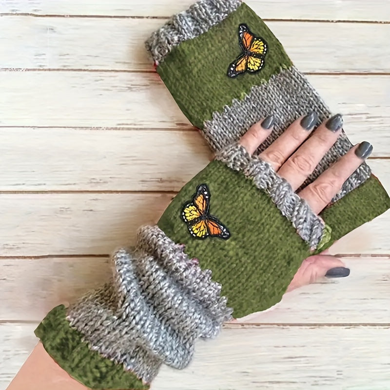 Knit Fingerless Gloves with Butterfly Embroidery, Stylish Color Block Design, Windproof and Warm for Autumn and Winter Writing.