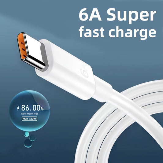 6A 120W USB-C cable for fast charging and data transfer, compatible with Huawei Mate 40/30, Xiaomi and Samsung devices, 86% efficiency.