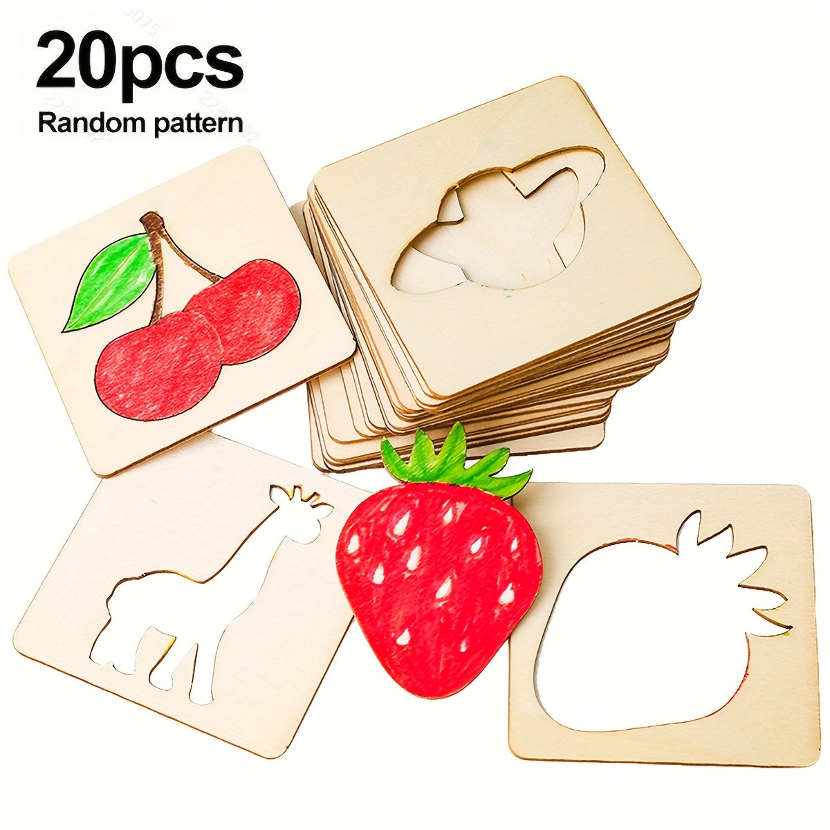 Wooden stencil set with 20pcs, featuring animal and fruit designs in apricot color. Ideal for art and craft projects during winter and New Year celebrations.