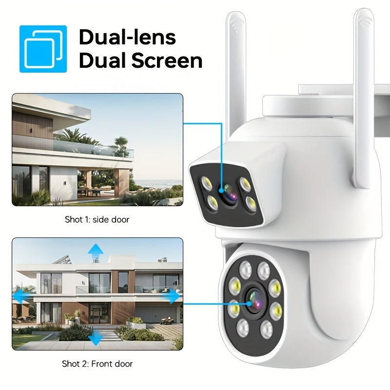 Dual lens Wifi security camera with panoramic view, motion detection, two-way audio, and Color Night Vision. Suitable for monitoring babies, elderly, and pets.