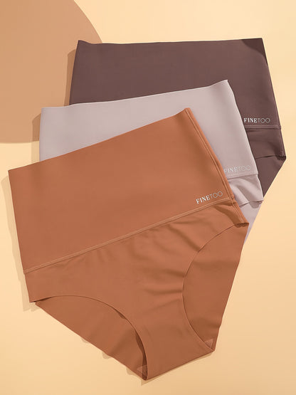 Three seamless solid briefs with high waist design, made of breathable and stretchy material, perfect for women's lingerie and underwear.