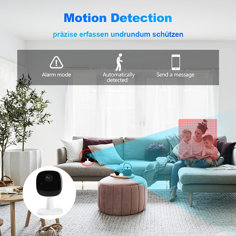 1080P HD WiFi camera with voice intercom, night vision, motion alerts, and remote mobile viewing. USB powered for indoor/outdoor surveillance. Sleek white design with high-definition lens