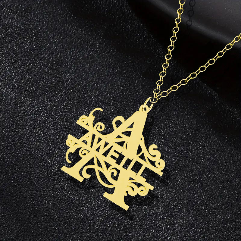 Personalized Initial Pendant Necklace in Stainless Steel, 18K Gold Plated with Family Name Wreath Design. Elegant and Minimalist Style Suitable for Daily Wear and Gifting. Ideal for Christmas and All Seasons, Can Be Personalized. Perfect for Daily Wear.