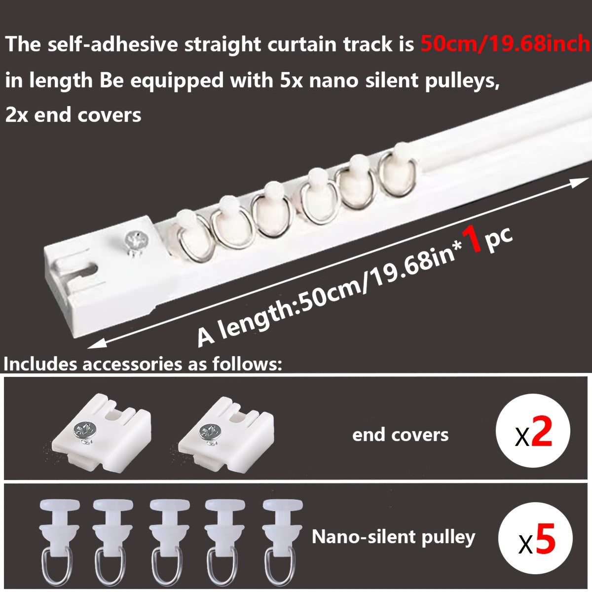 Drill-free curtain track with strong adhesive and silent sliding for bathrooms and dorms.