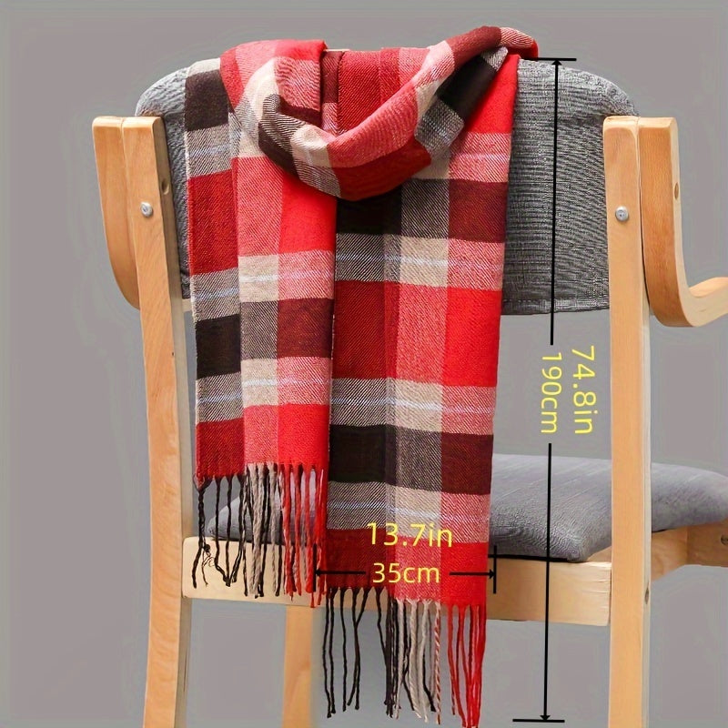 Men's imitation cashmere scarf with tassel detail in a fashion forward plaid pattern, perfect for couples looking to stay warm and stylish during the fall and winter months.