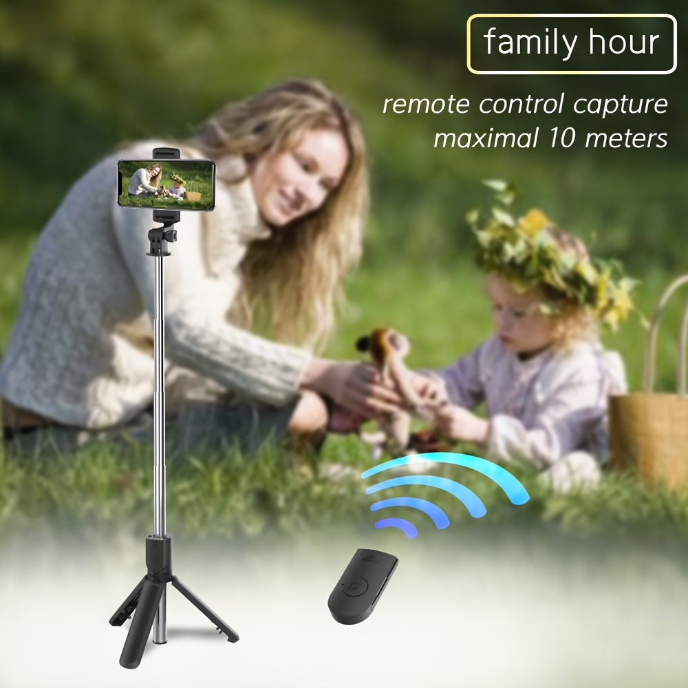 Telescoping selfie stick with tripod and remote for iPhone, Samsung, and Android smartphones, 360° rotation.