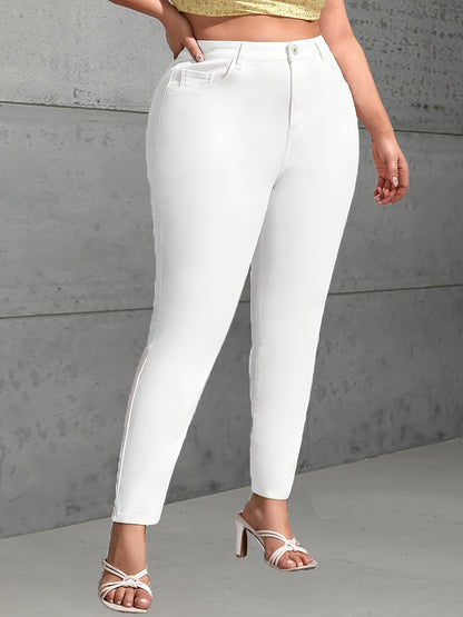 Plus Size Elegant White Skinny Jeans for Women - High-Waisted, Stretch Blend, Slim Fit Ankle-Length with Button Detail, Non-Transparent, All-Season Wear.