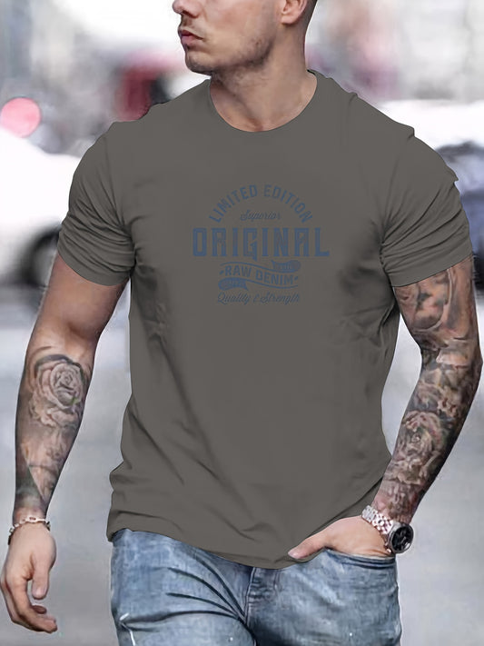 Men's 100% cotton crew neck t-shirt with slight stretch, solid color, regular fit, and original graphic.