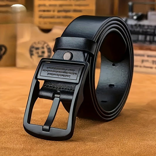 Stylish men's faux leather belt with vintage buckle, suitable for business and casual wear, available in multiple lengths.