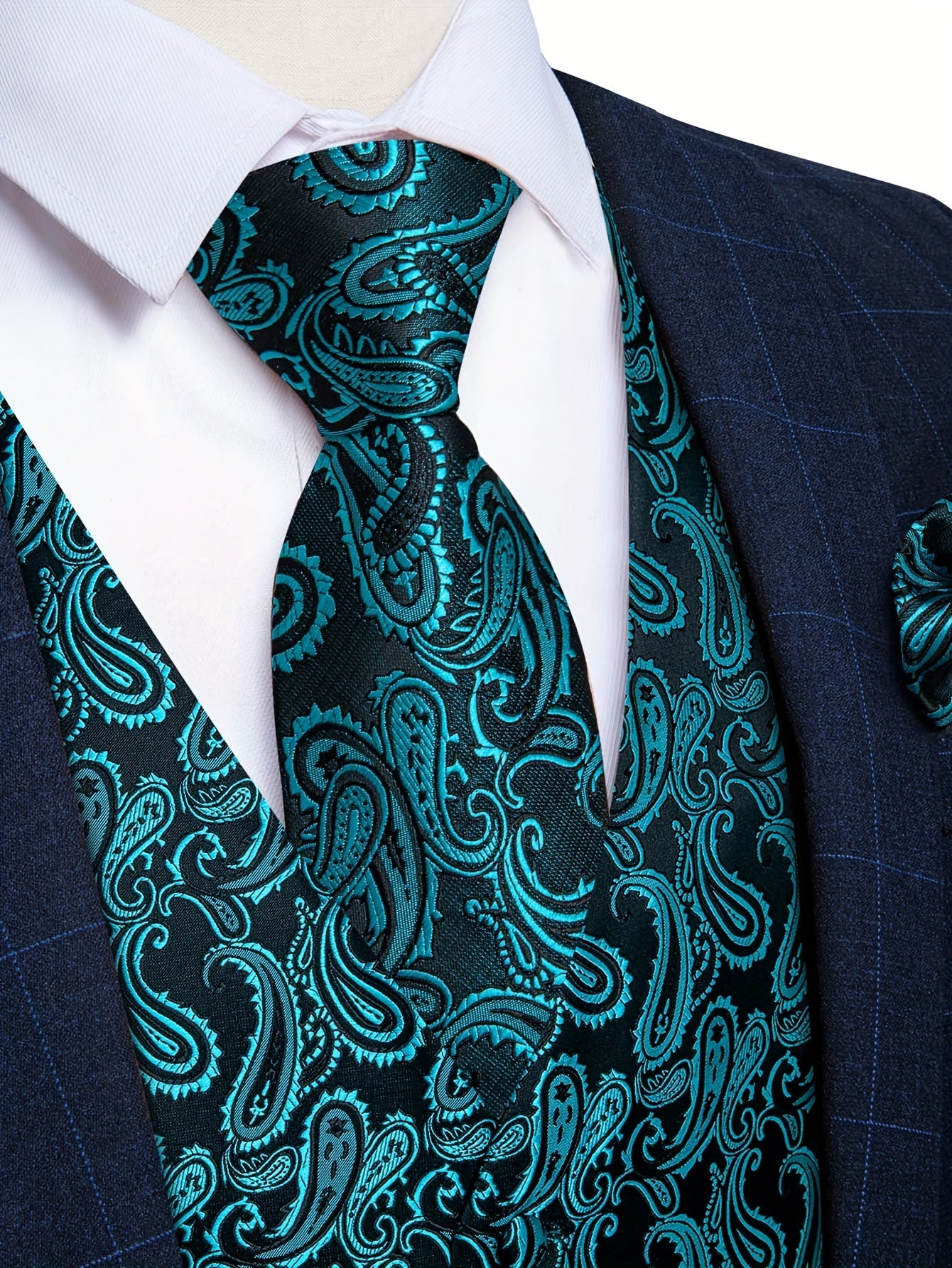 Plus size men's paisley suit vest set with tie, bow tie, pocket square, and cufflinks - perfect for parties.