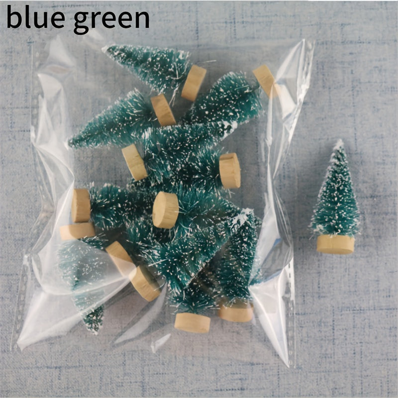 12 mini Christmas tree decorations, including fir and pine trees, for tabletop and home decor. Perfect for New Year's festivities and winter-themed parties. Ideal for creating a festive atmosphere in any room.