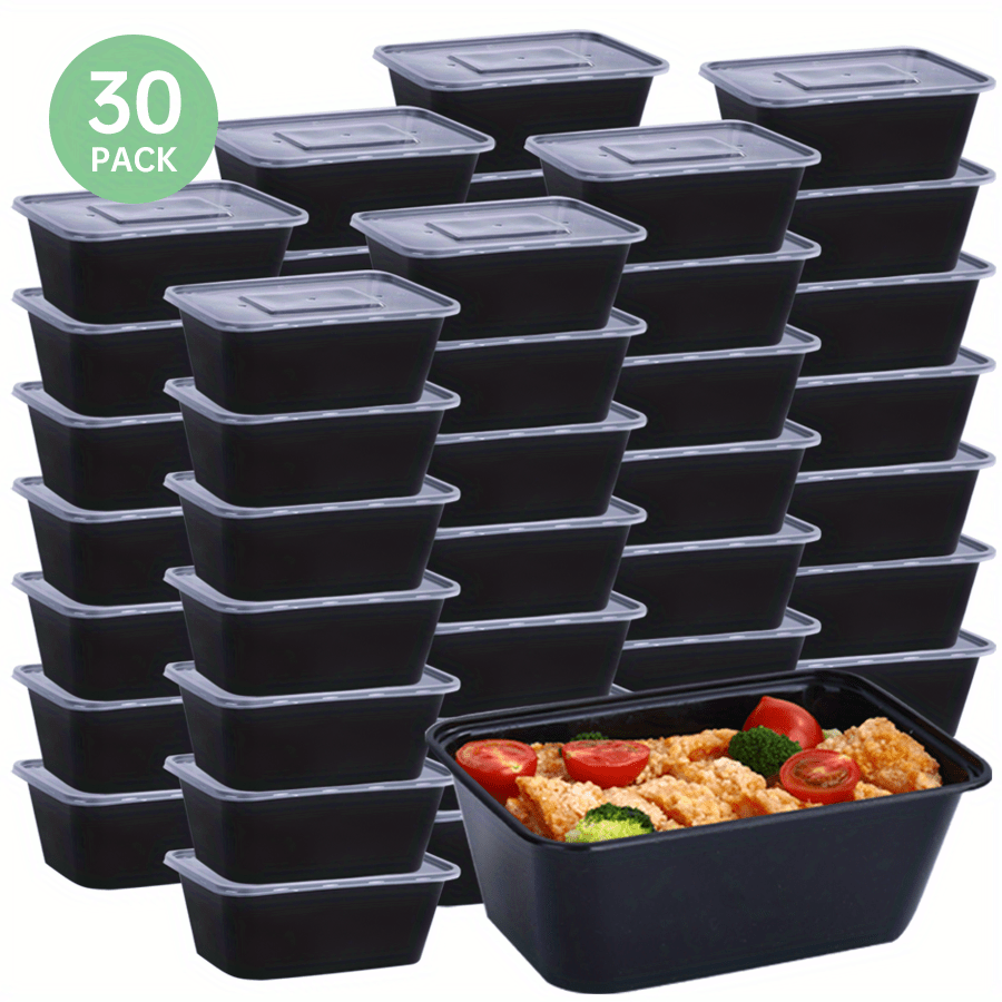 10, 30, or 50 pieces of 26oz plastic black boxes with lids. These rectangular food storage containers come with covers and are BPA free. They are stackable and leakproof bento boxes, safe to use in the microwave. Perfect kitchen gadgets and accessories