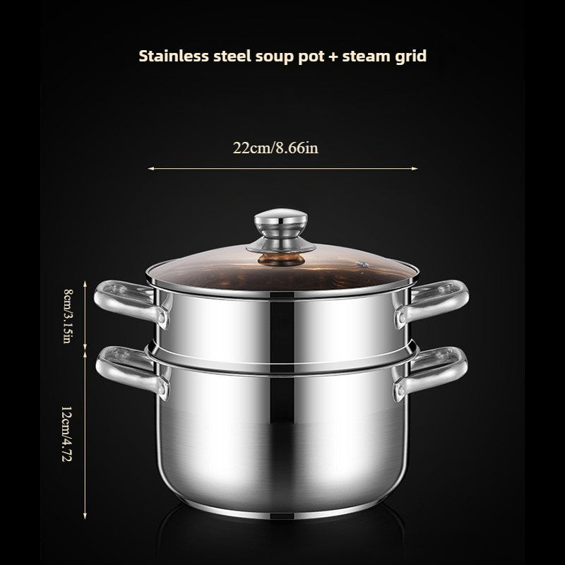 Stainless Steel Steamer Pot with Double Layer Basket, 21.84cm Size for Induction Cooktop and Gas Stove, Versatile Household Soup Pot for Cooking, Deep-Frying, and Hot Pot - Essential Kitchen Tool