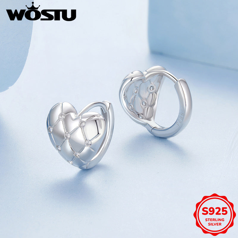 Adorable Pair of Japanese & Korean Inspired Heart & Checkered Pattern Sterling Silver Earrings with Synthetic Zirconia, Ideal for Hypoallergenic Women's Fashion Jewelry, Great for Everyday Wear or as a Valentine's Day Gift