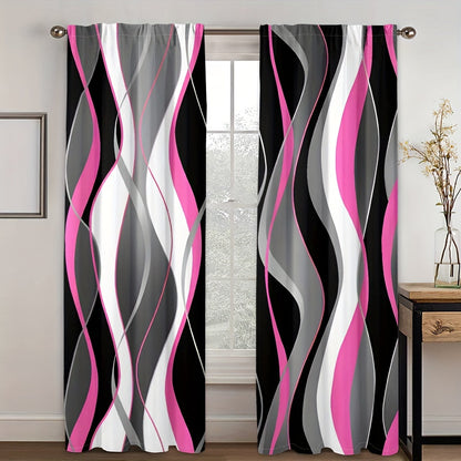 A modern abstract geometric curtain set, featuring 2 pieces in black and white. These semi-transparent privacy drapes are perfect for the living room and bedroom, and are machine washable for easy cleaning.