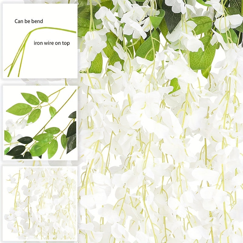 12 artificial wisteria garlands bring garden style to wedding parties and outdoor ceremonies without feathers.