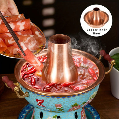 Small single serving enamel-coated copper hot pot featuring the Dudan pattern, perfect for commercial use and for use with alcohol stoves. Safe for dishwasher cleaning.