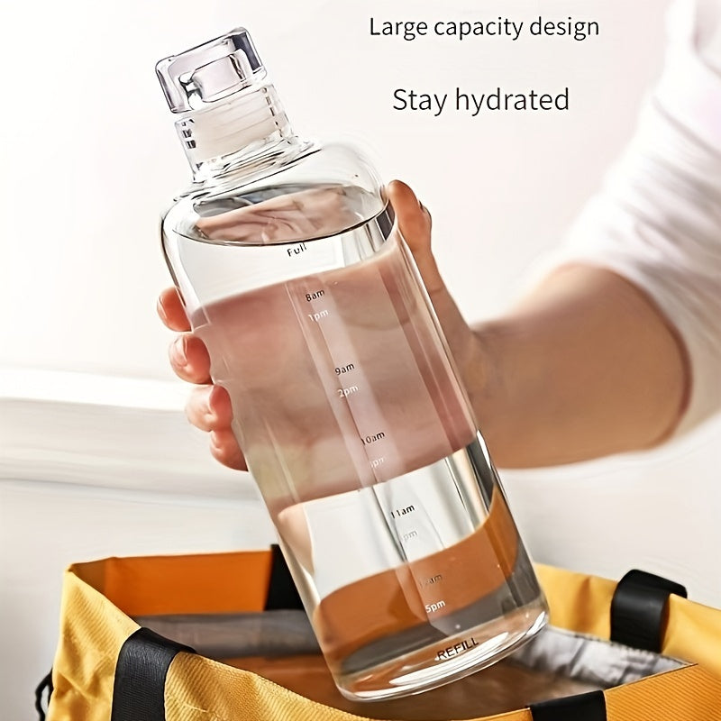 BPA-free plastic water bottle with time marker for hiking, camping, and fitness - leak-proof, lightweight, and large capacity. Hand wash only.