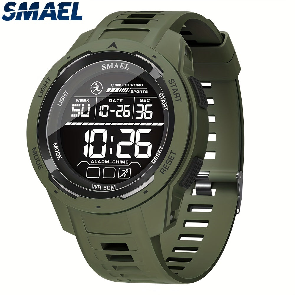 SMAEL Men's Waterproof Sports Watch with LED Display, TPU Strap, Stopwatch, Calendar, Weekly View, Shock Resistance, and Classic Movement Style