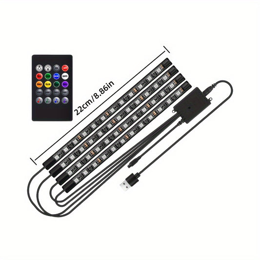 LED car interior lighting kit with music sync, USB-powered, ideal for parties and festivals, fits most vehicles.