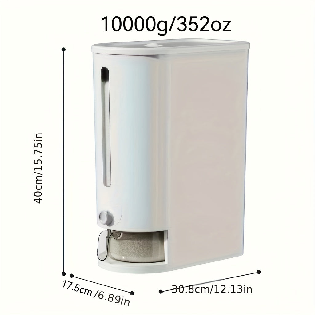 Airtight rice dispenser with measuring cup in 176oz and 352oz sizes for storing grains and more, moisture-proof and food-grade container with press gap.