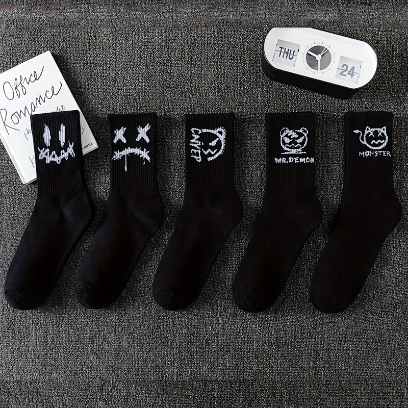 Men's trendy graffiti crew socks, 3/5/8/10 pairs, breathable and comfy for outdoor wear