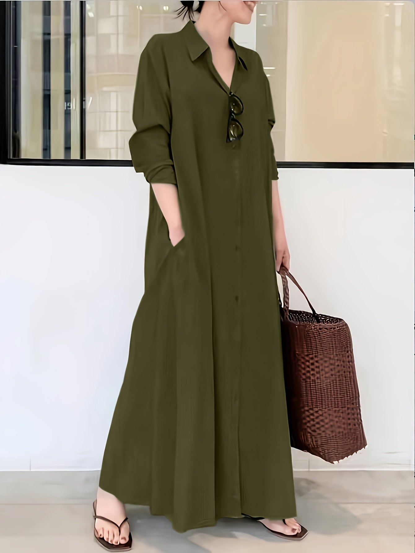 Elegant solid color button-up shirt dress for women with long sleeve and loose fit, ideal for spring and fall.