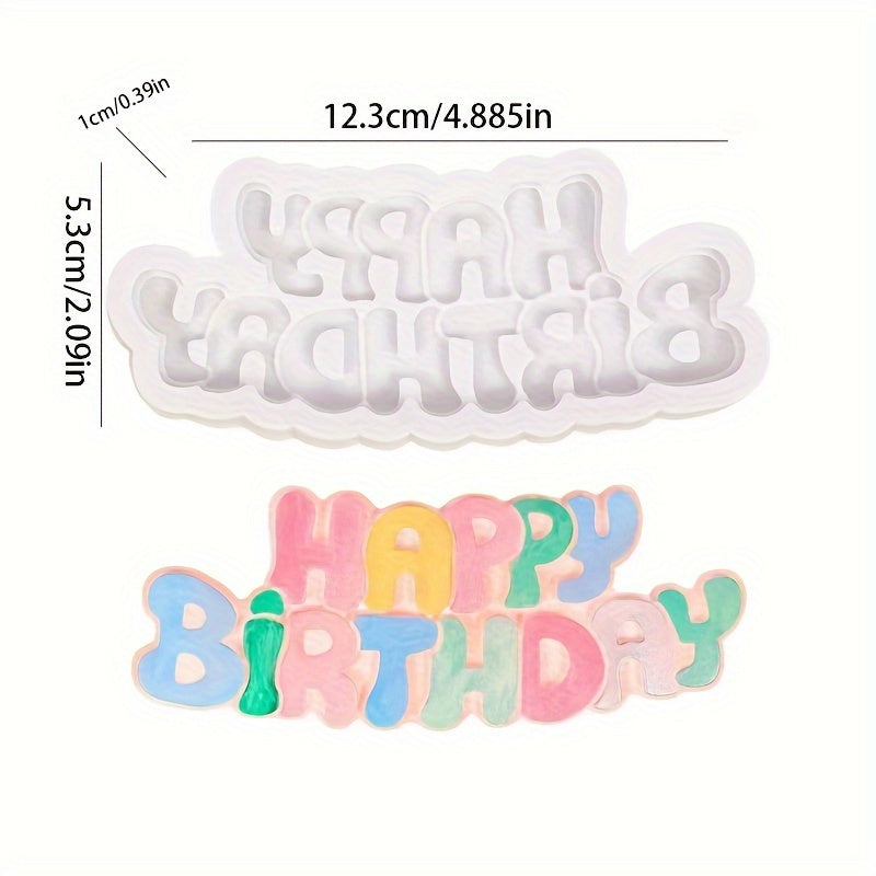 One piece of Happy Birthday Silicone Mold perfect for creating 3D Fondant shapes for DIY Pudding, Chocolate, Candy, Desserts, Gummy, Handmade Soap, Aromatherapy Candle, Plaster, Polymer Clay, and Ice Cubes. Ideal for Bakeware, Cake Decorating, Baking and