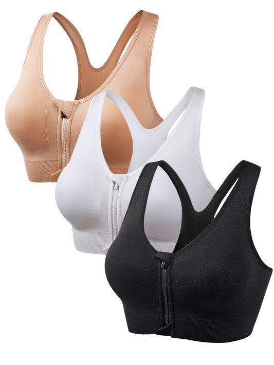 Three front zipper sports bras for running and yoga, comfortable and soft, designed for women's lingerie and underwear.