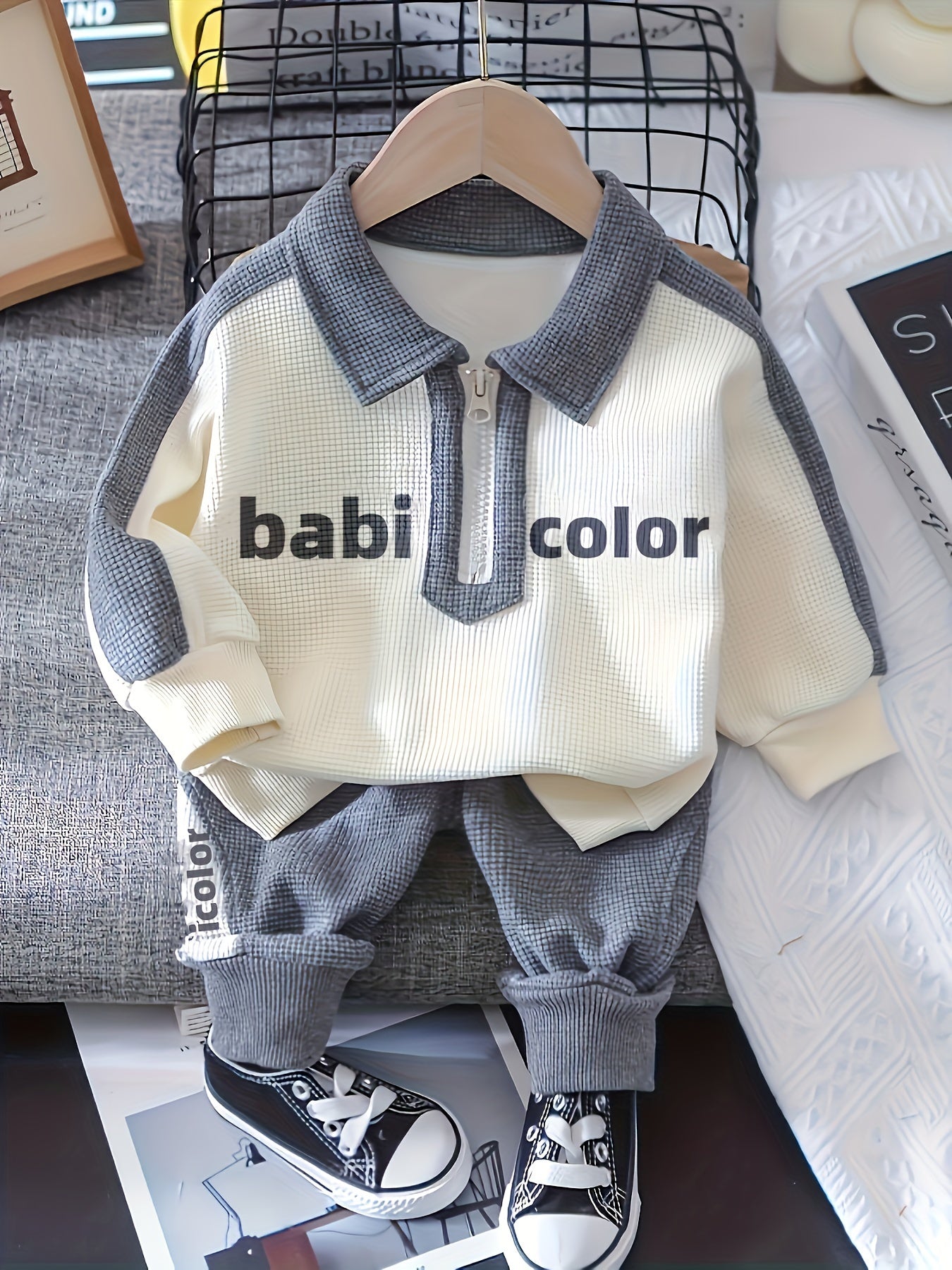 Infant & Toddler's SEVEN BABY Print Long Sleeve Set, 2pcs, includes Half Zipper Sweatshirt, Casual Pants, Baby Boy's Clothes.