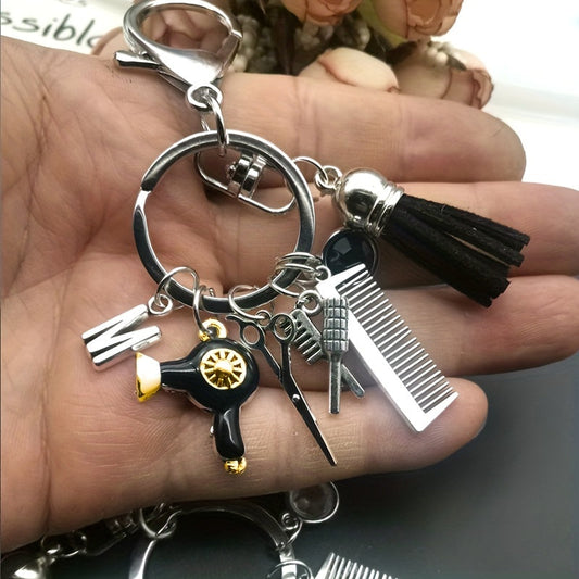 Vintage Jewelry Hair Stylist Gift Charm Tassel Keychain featuring Mini Barber Scissors and Hair Dryer Comb - Perfect Keychain for Men