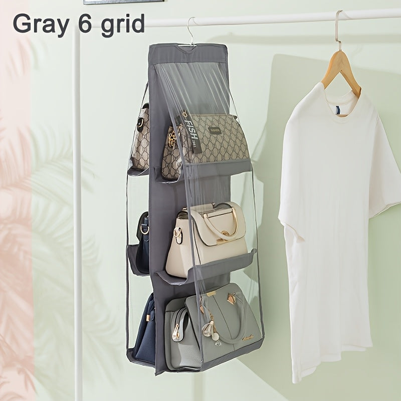 Elegant fabric wall hanging closet organizer with secure pockets in black & dark grey.