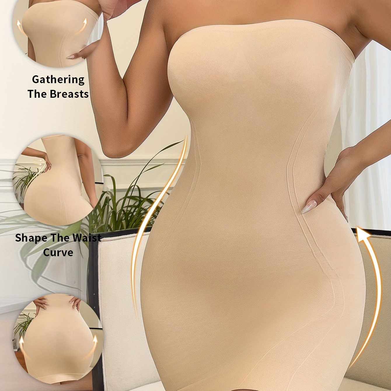 Women's shapewear bodysuit dress with seamless nylon knit for slimming and lifting, lightweight fabric.