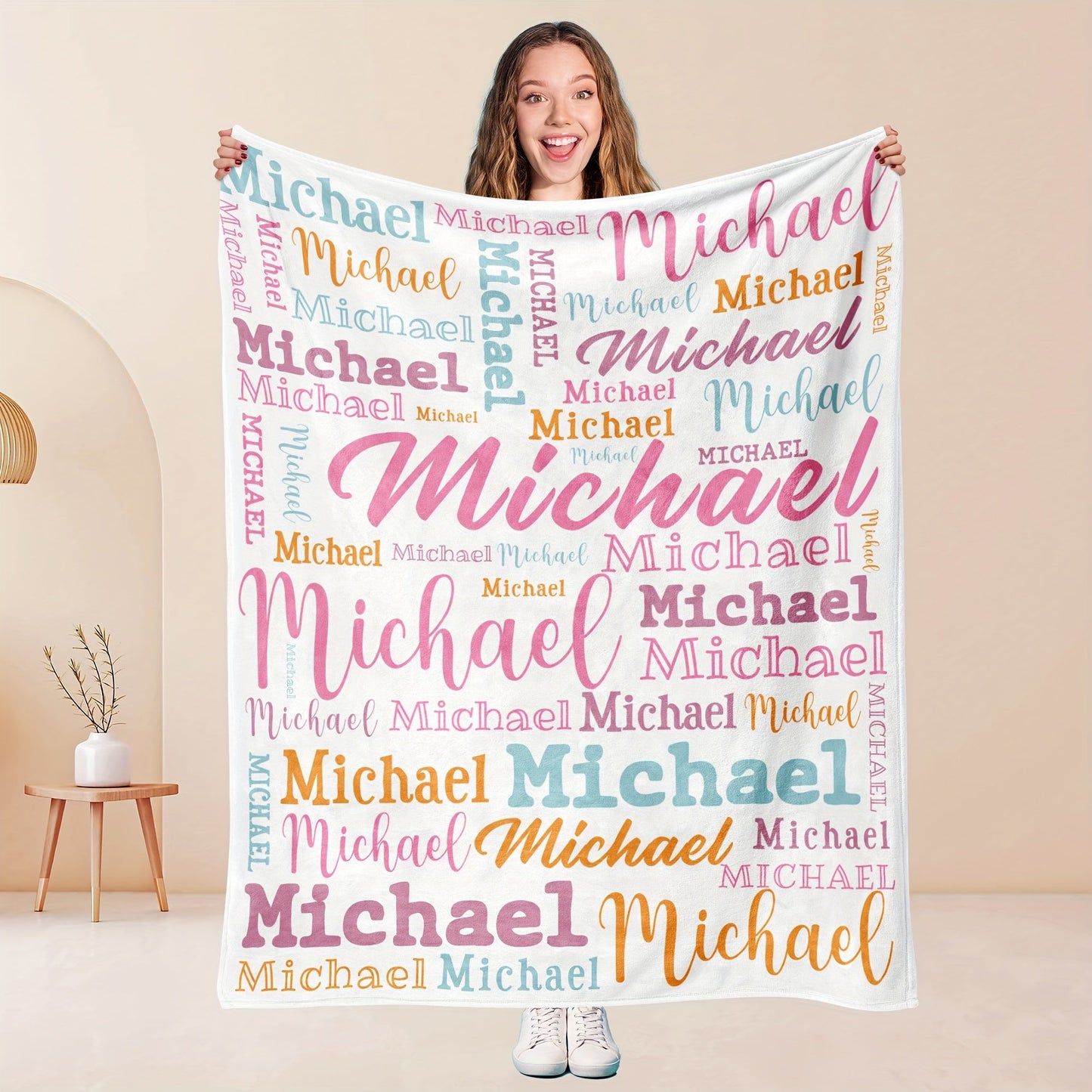 Personalized Big Name Blanket by QOGOER made from an ultra-soft 100% polyester flannel knit fabric, featuring high-quality digital printing in a mixed color design that is suitable for all seasons.