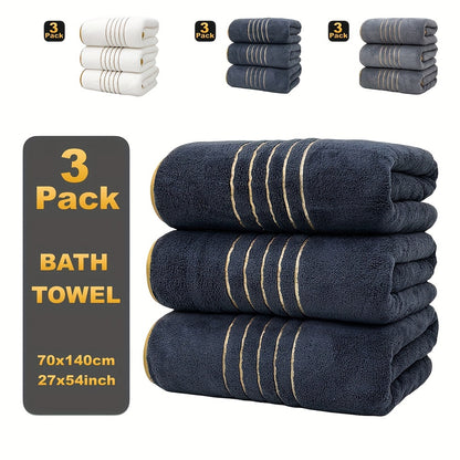 Three MidEnsi Microfiber Bath Towels with Quick-Dry Technology and Super Absorbency. Striped design in White, Blue-Gray, and Black. Ideal for Spa, Yoga, Fitness, and Bathroom. 70 x 140 cm.