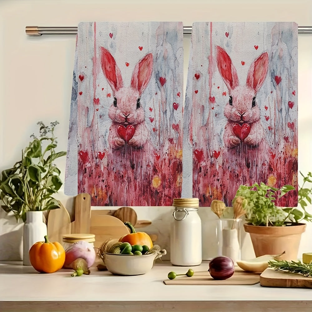 Two pieces of Valentine's Day Bunny Kitchen Towels, featuring a modern Coastal Style design. Made from highly absorbent polyester knit fabric that is machine washable. Each towel measures 40.64x60.96 cm, making them perfect for holiday decor. Item