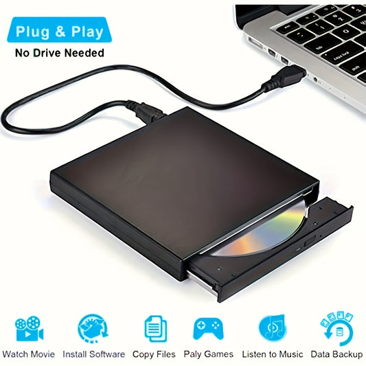 Portable CD/DVD-ROM drive for laptops and desktop computers with storage bag included.