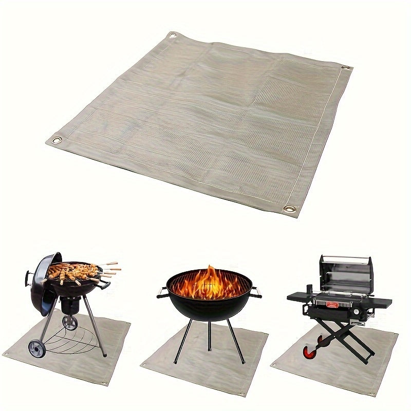 One piece of flame retardant BBQ mat, designed for portability and insulation. Made of reusable fiberglass material, suitable for camping fire pits and outdoor barbecues. This anti-scald carpet provides protection on deck or patio, ideal for picnics and